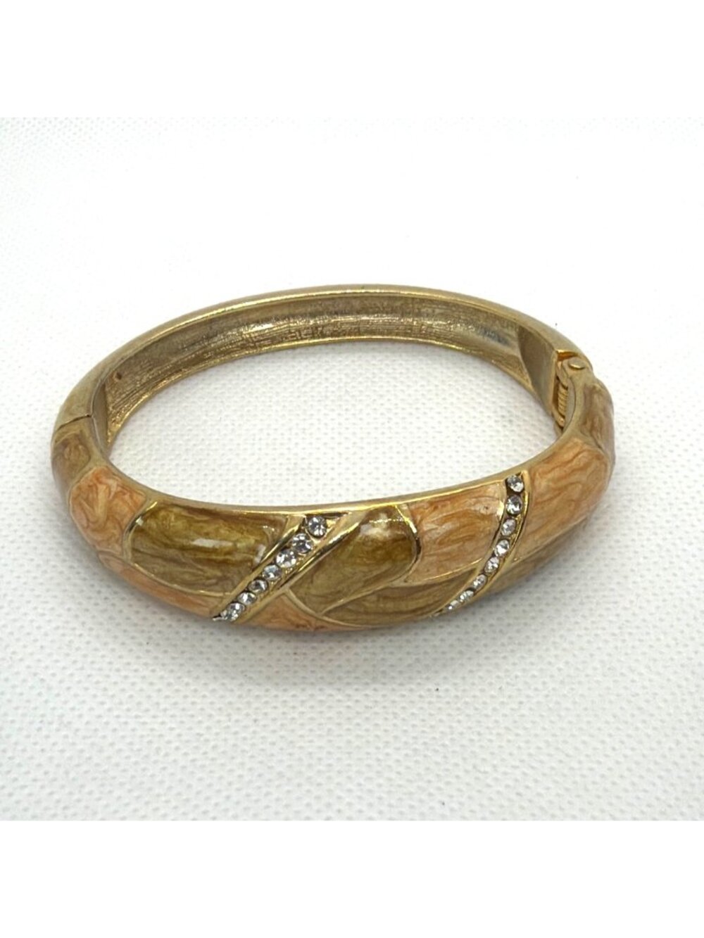 VTG Art Deco Enamel Gold Tone Hinged Bangle Rhinestone Clamper Retro Bracelet - Picture 6 of 16